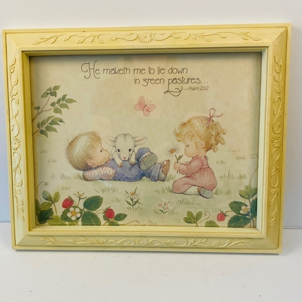23RD psalm Christian nursery art pale yellow children strawberries lamb